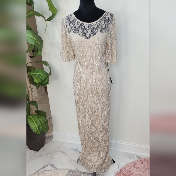 Adrianna papell embellished sequined lace column gown with Flutter sleev… - Picture 6 of 16